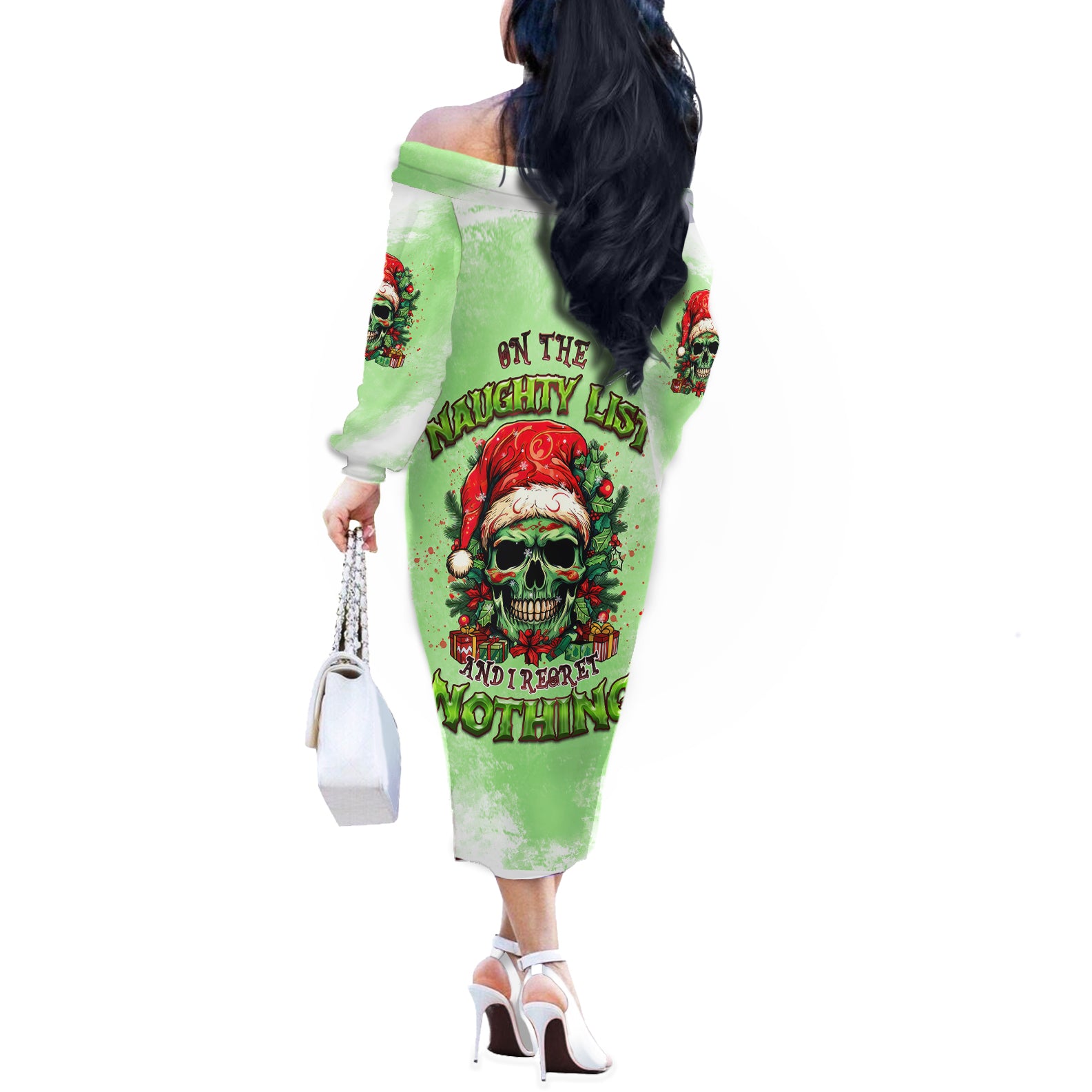 On The Naughty List Skull Christmas Off The Shoulder Long Sleeve Dress - Wonder Print Shop