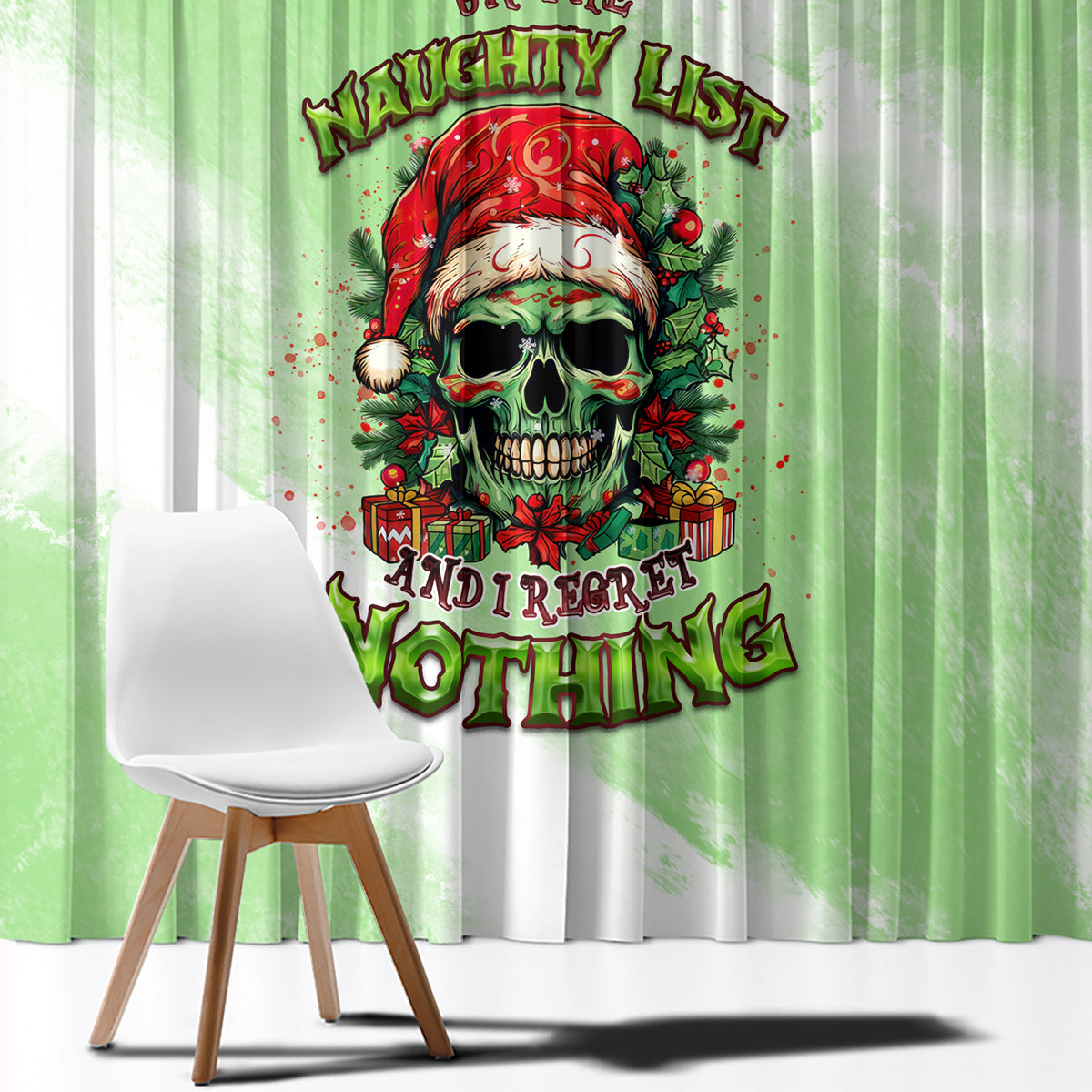 On The Naughty List Skull Christmas Window Curtain - Wonder Print Shop