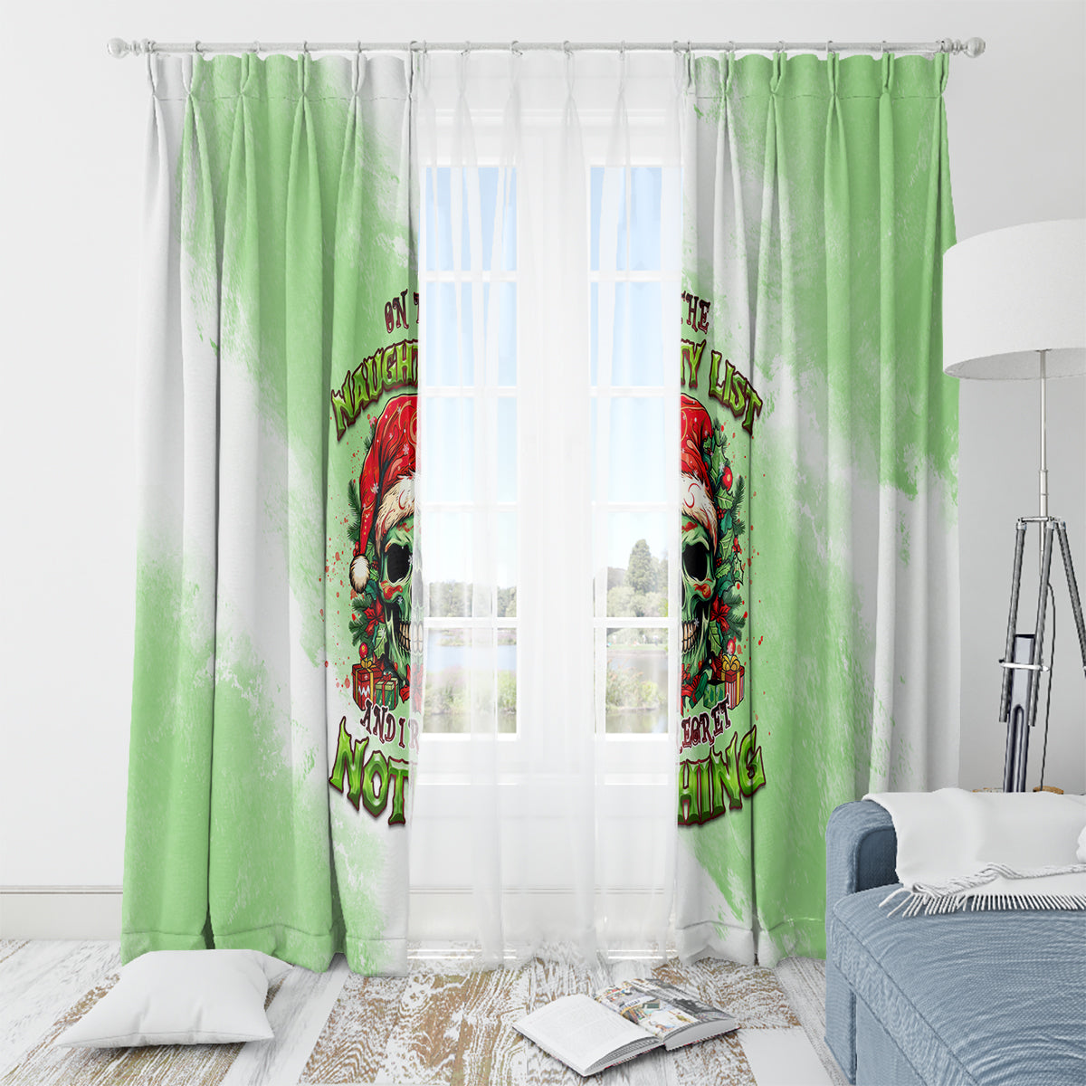 On The Naughty List Skull Christmas Window Curtain - Wonder Print Shop