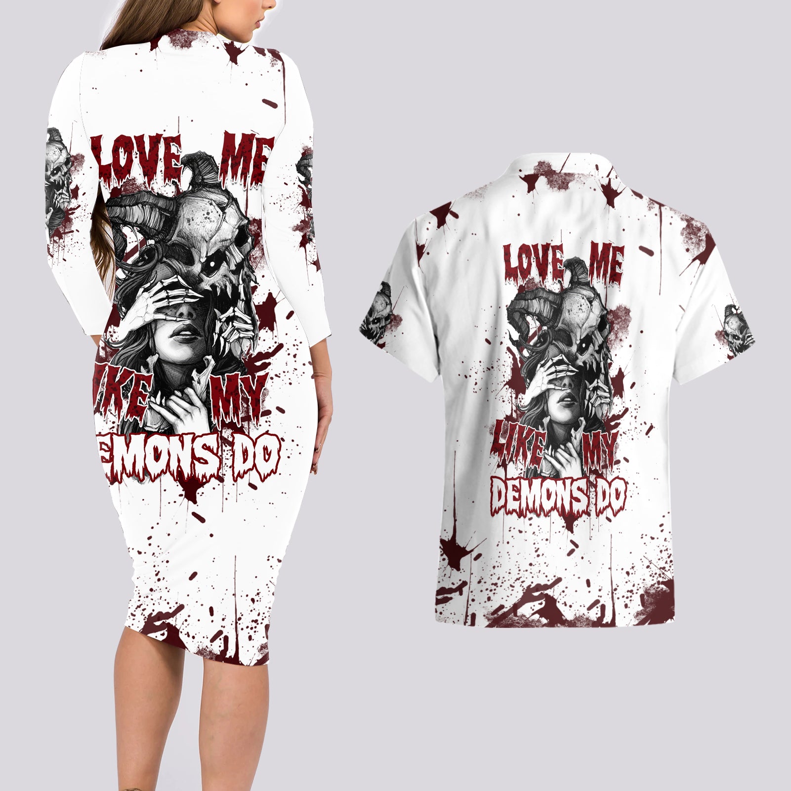Love Me Like My Demons Do Skull Couples Matching Long Sleeve Bodycon Dress and Hawaiian Shirt - Wonder Print Shop