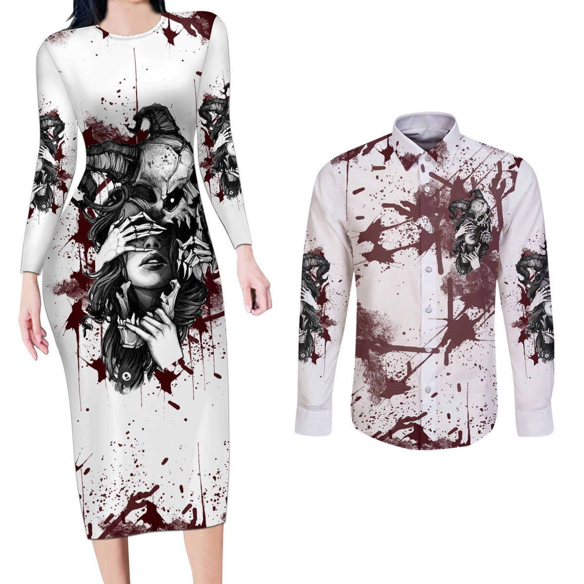 Love Me Like My Demons Do Skull Couples Matching Long Sleeve Bodycon Dress and Long Sleeve Button Shirt - Wonder Print Shop