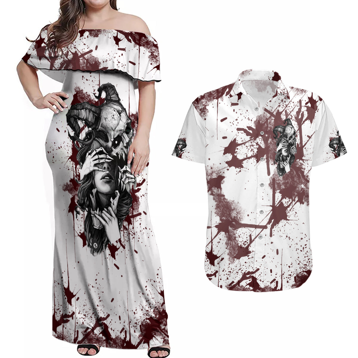 Love Me Like My Demons Do Skull Couples Matching Off Shoulder Maxi Dress and Hawaiian Shirt - Wonder Print Shop