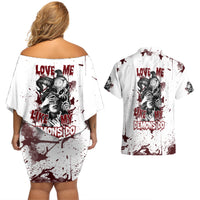 Love Me Like My Demons Do Skull Couples Matching Off Shoulder Short Dress and Hawaiian Shirt - Wonder Print Shop
