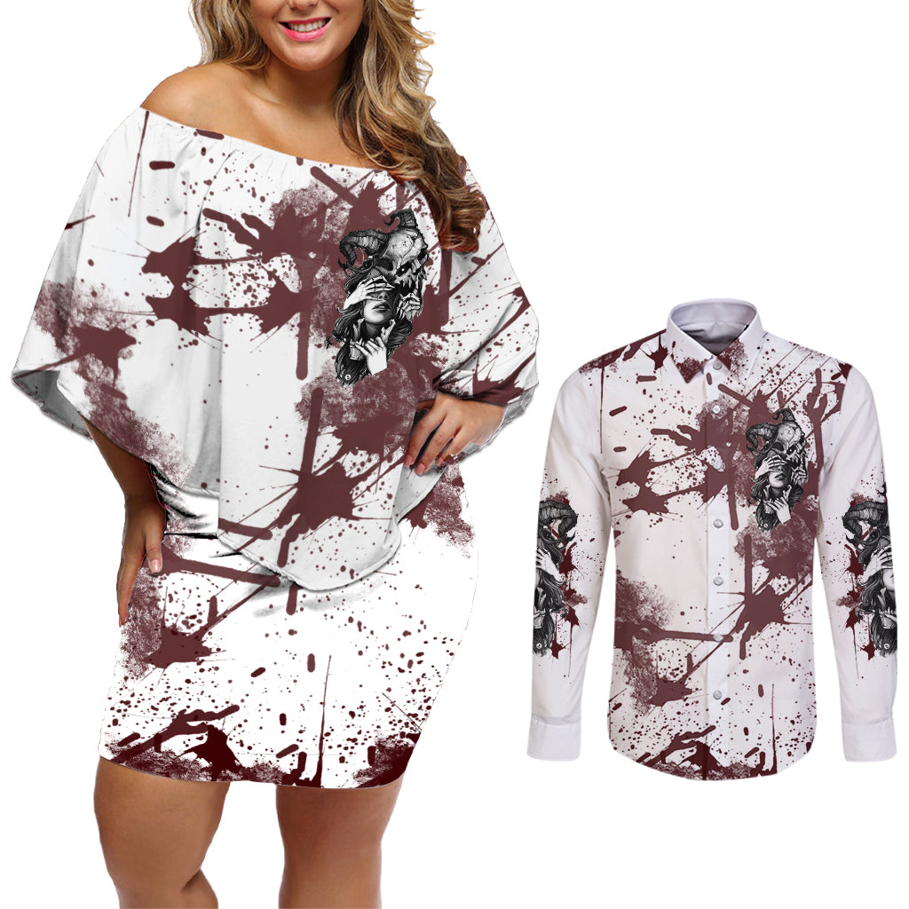 Love Me Like My Demons Do Skull Couples Matching Off Shoulder Short Dress and Long Sleeve Button Shirt - Wonder Print Shop