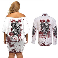 Love Me Like My Demons Do Skull Couples Matching Off Shoulder Short Dress and Long Sleeve Button Shirt - Wonder Print Shop