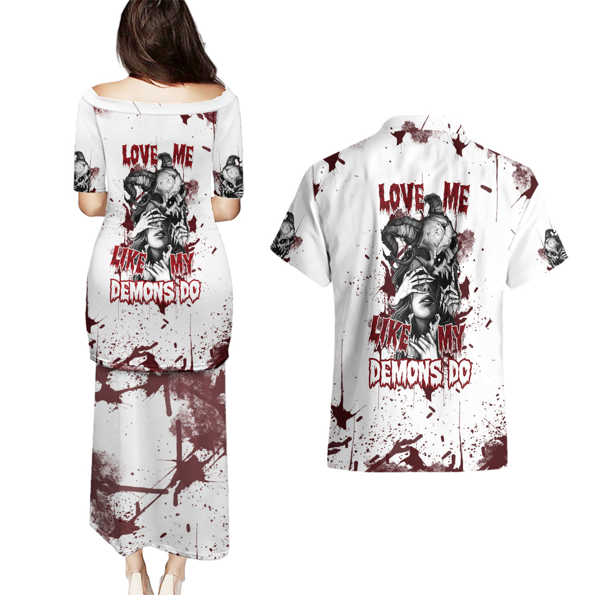 Love Me Like My Demons Do Skull Couples Matching Puletasi Dress and Hawaiian Shirt - Wonder Print Shop