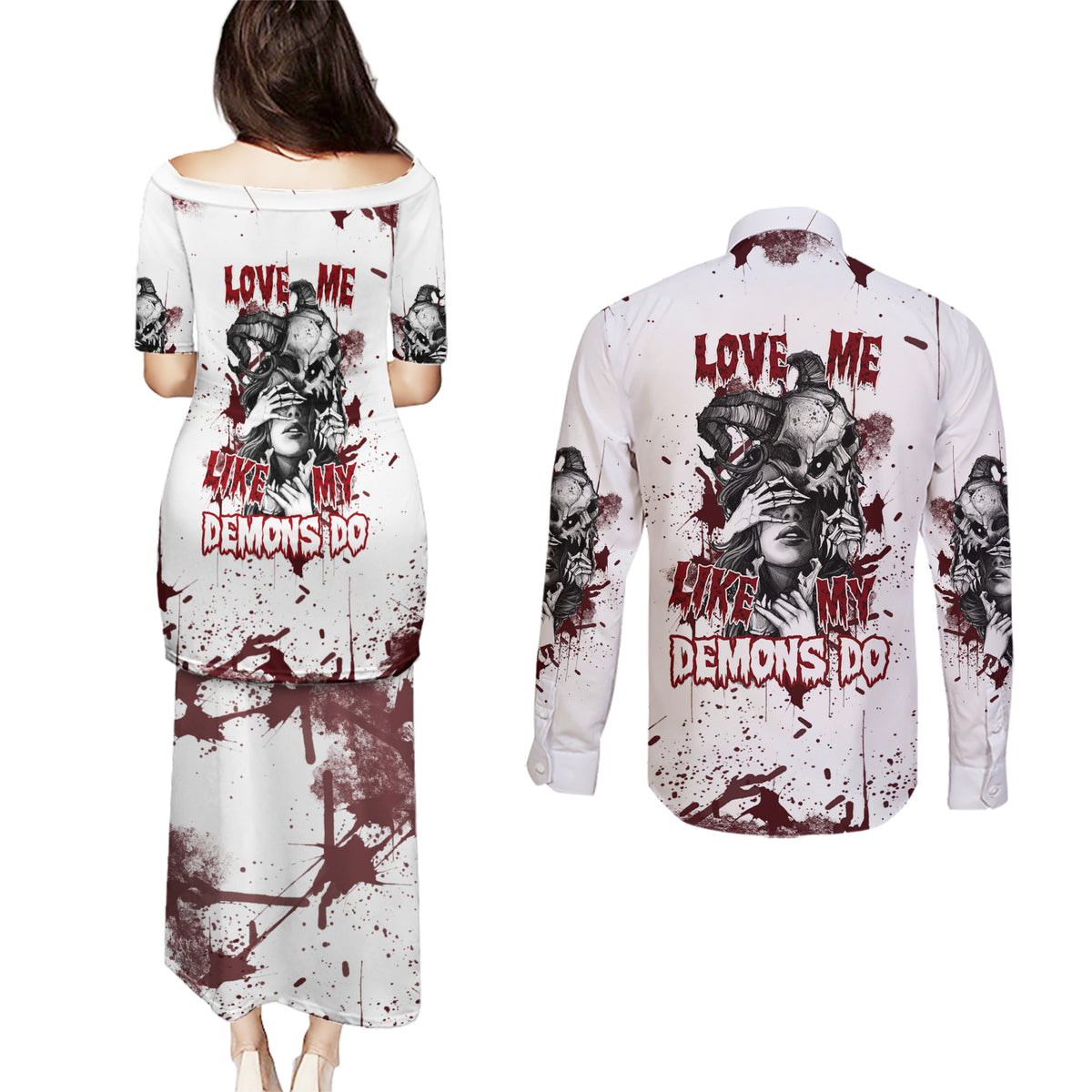 Love Me Like My Demons Do Skull Couples Matching Puletasi Dress and Long Sleeve Button Shirt - Wonder Print Shop