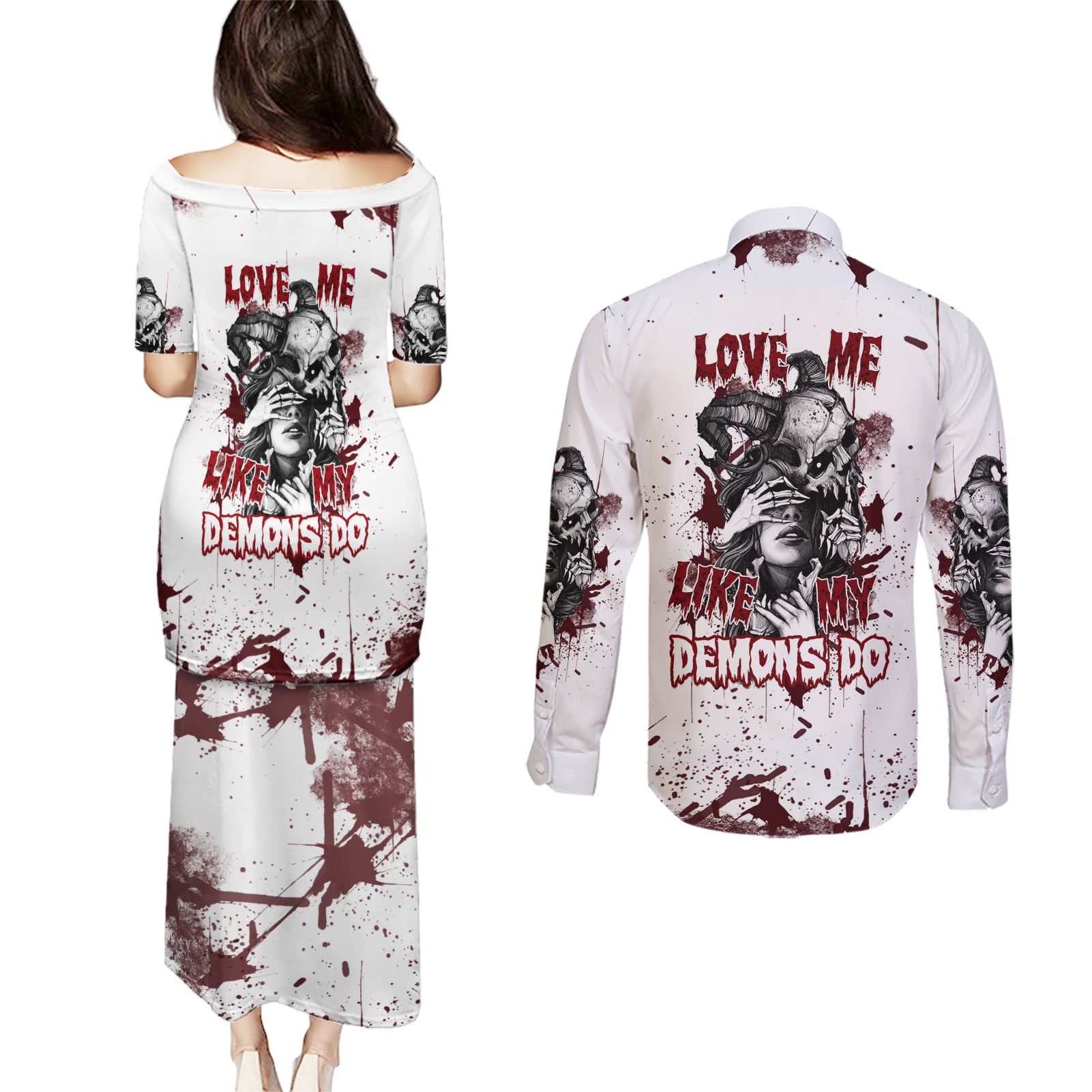 Love Me Like My Demons Do Skull Couples Matching Puletasi Dress and Long Sleeve Button Shirt - Wonder Print Shop
