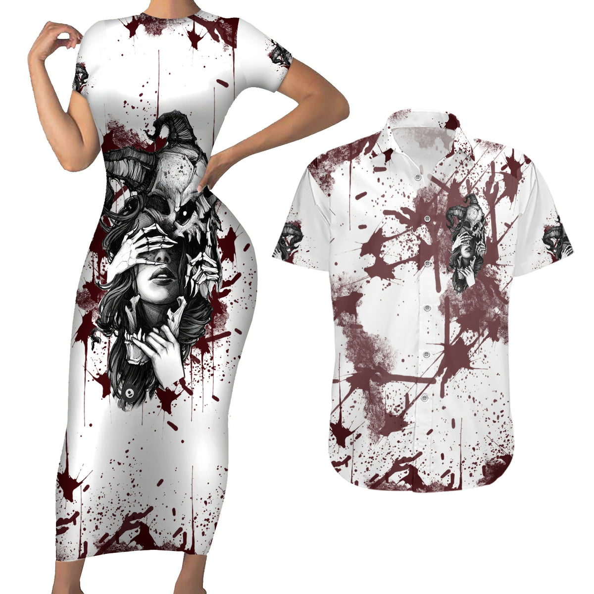 Love Me Like My Demons Do Skull Couples Matching Short Sleeve Bodycon Dress and Hawaiian Shirt - Wonder Print Shop