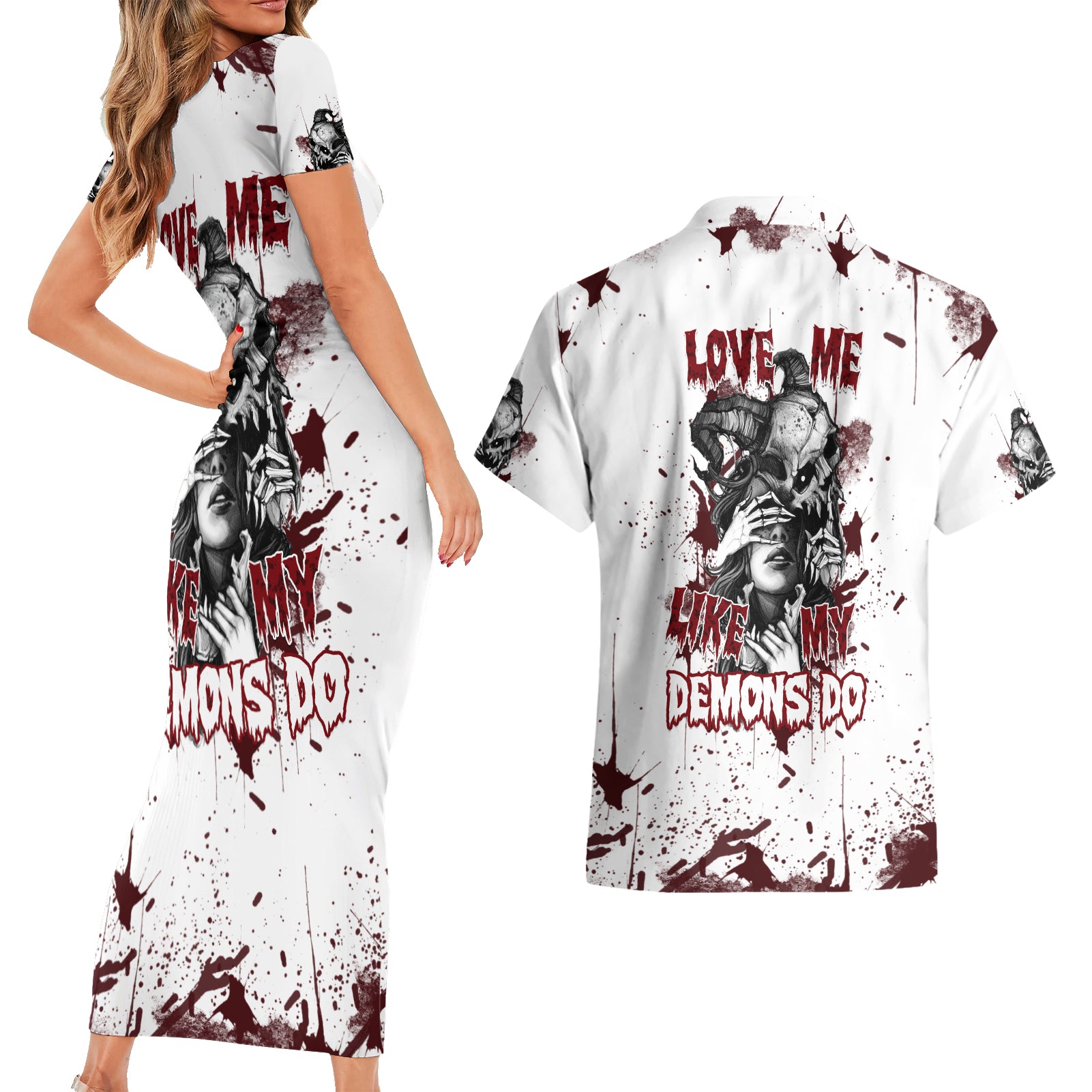 Love Me Like My Demons Do Skull Couples Matching Short Sleeve Bodycon Dress and Hawaiian Shirt - Wonder Print Shop