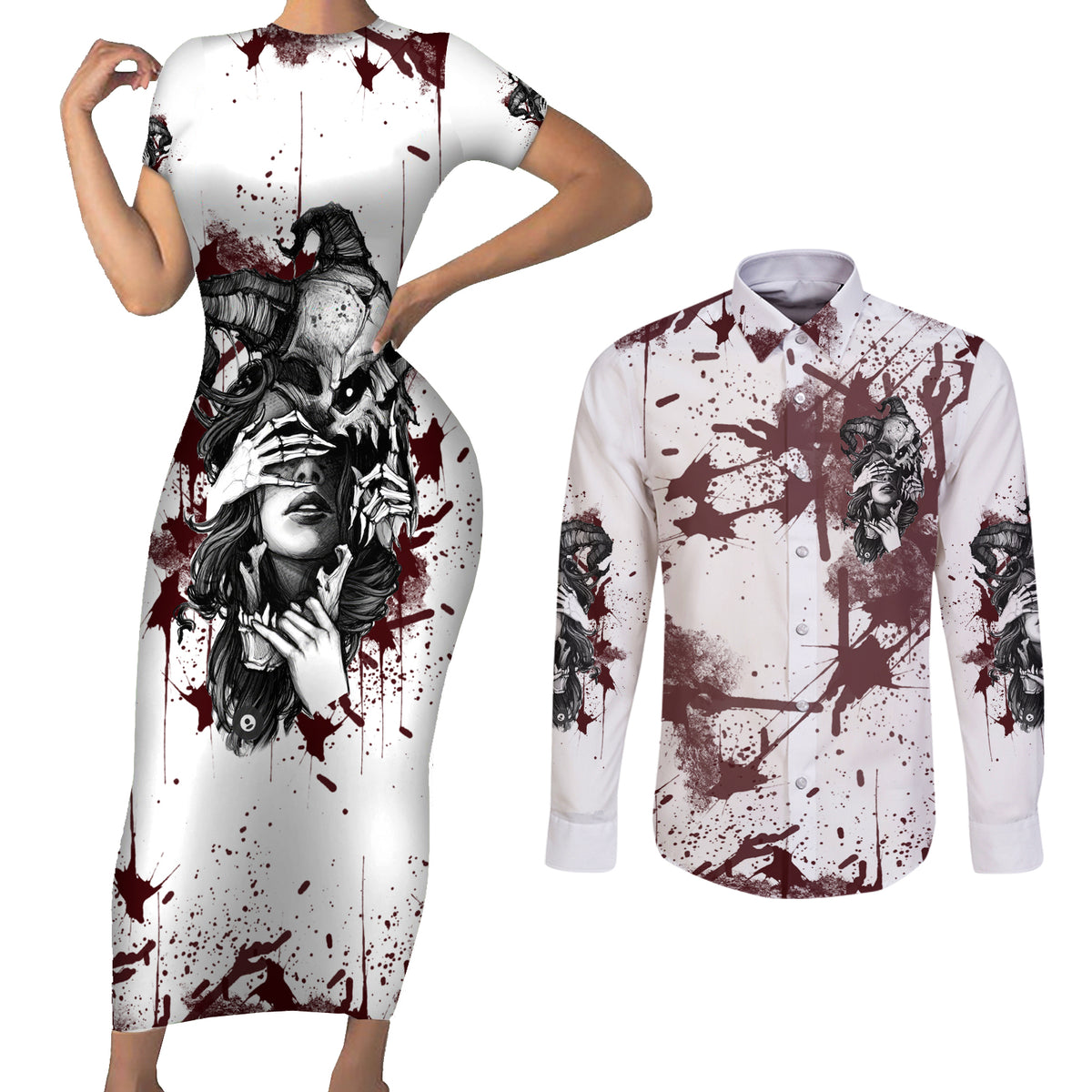 Love Me Like My Demons Do Skull Couples Matching Short Sleeve Bodycon Dress and Long Sleeve Button Shirt - Wonder Print Shop