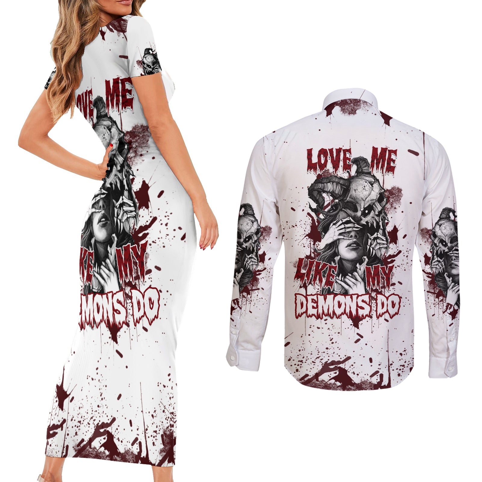 Love Me Like My Demons Do Skull Couples Matching Short Sleeve Bodycon Dress and Long Sleeve Button Shirt - Wonder Print Shop