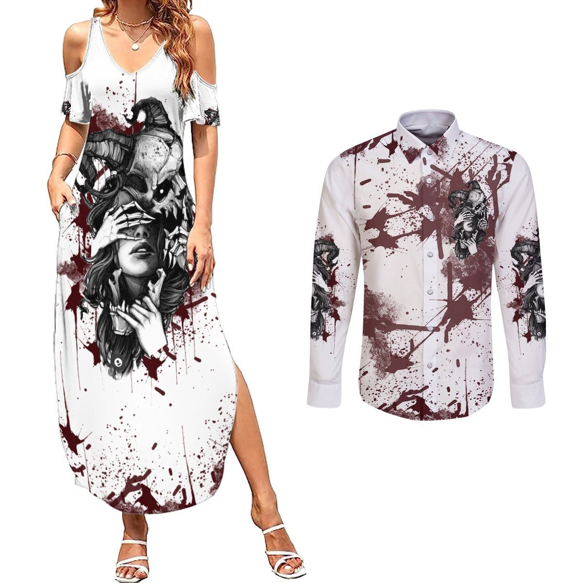 Love Me Like My Demons Do Skull Couples Matching Summer Maxi Dress and Long Sleeve Button Shirt - Wonder Print Shop