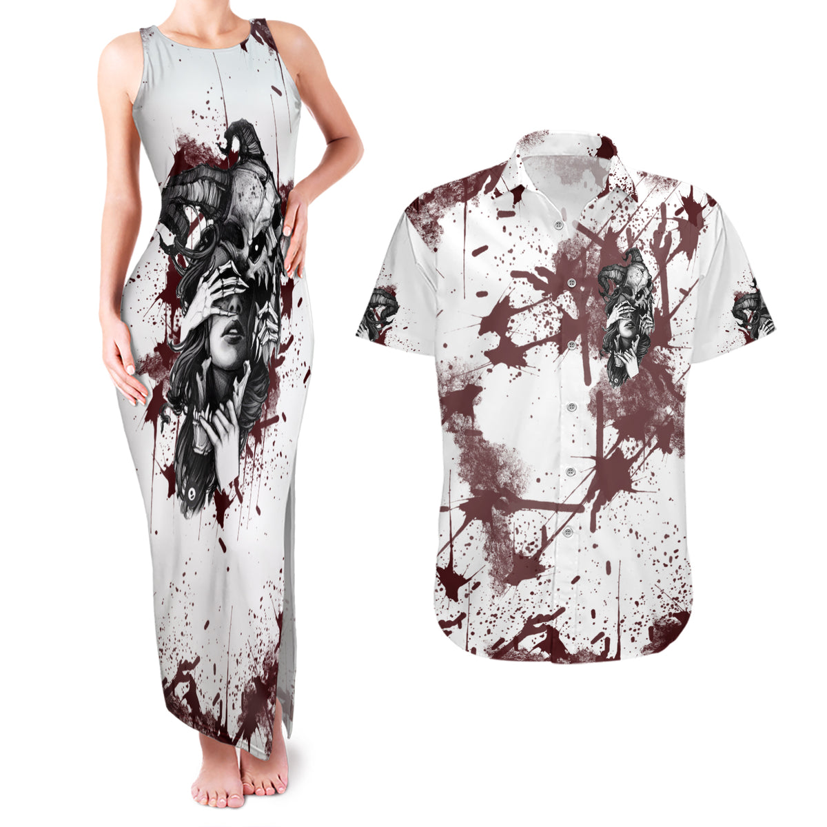 Love Me Like My Demons Do Skull Couples Matching Tank Maxi Dress and Hawaiian Shirt - Wonder Print Shop