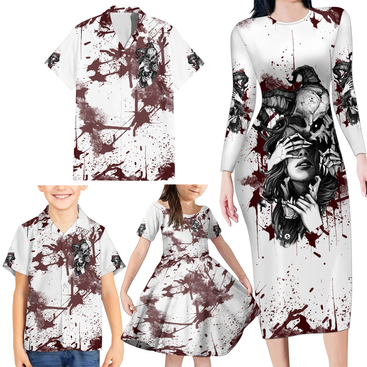 Love Me Like My Demons Do Skull Family Matching Long Sleeve Bodycon Dress and Hawaiian Shirt - Wonder Print Shop