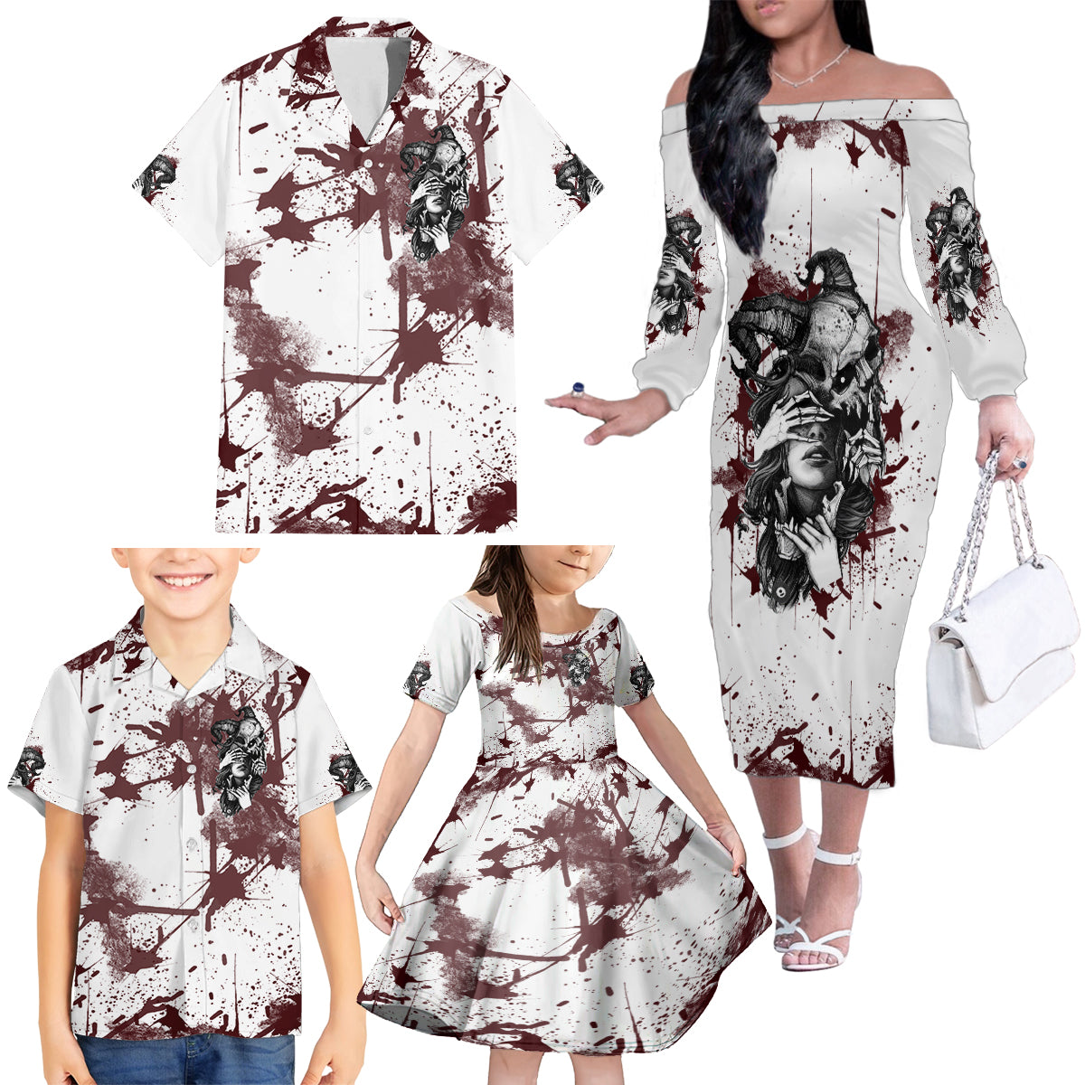 Love Me Like My Demons Do Skull Family Matching Off Shoulder Long Sleeve Dress and Hawaiian Shirt - Wonder Print Shop
