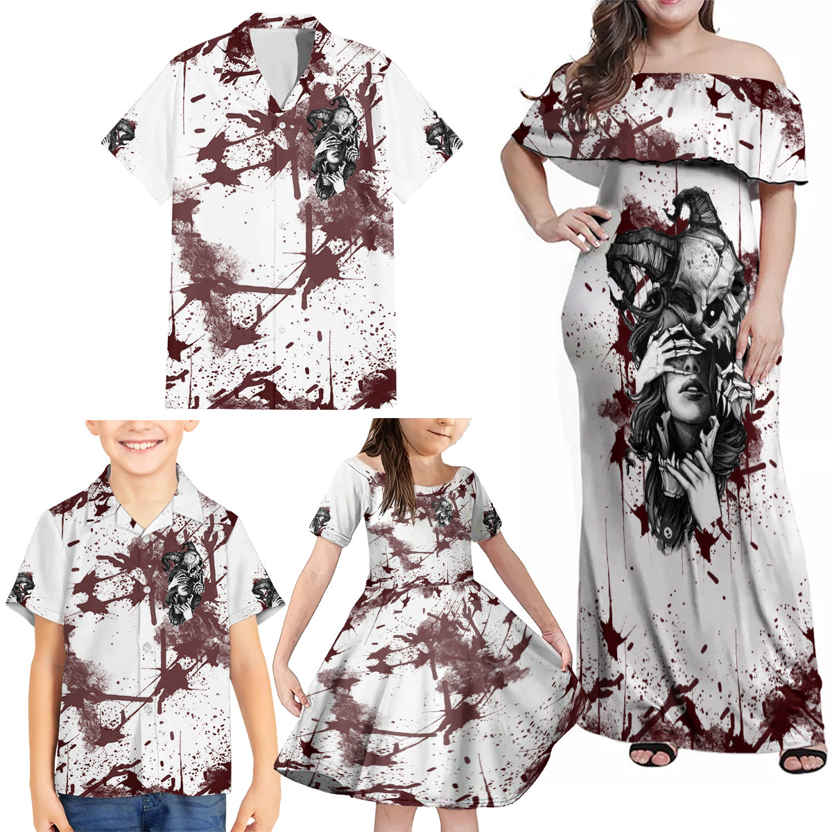 Love Me Like My Demons Do Skull Family Matching Off Shoulder Maxi Dress and Hawaiian Shirt - Wonder Print Shop