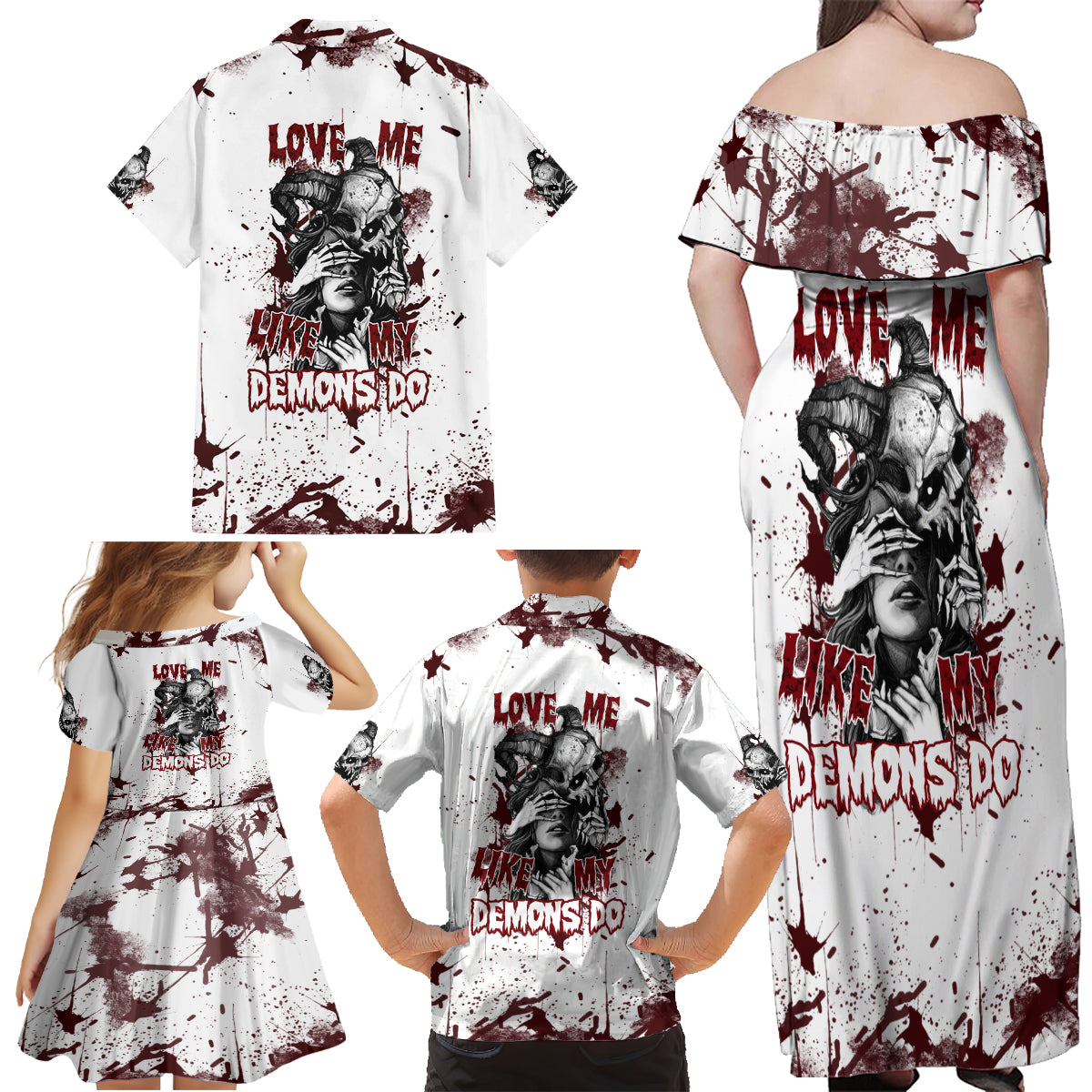 Love Me Like My Demons Do Skull Family Matching Off Shoulder Maxi Dress and Hawaiian Shirt - Wonder Print Shop
