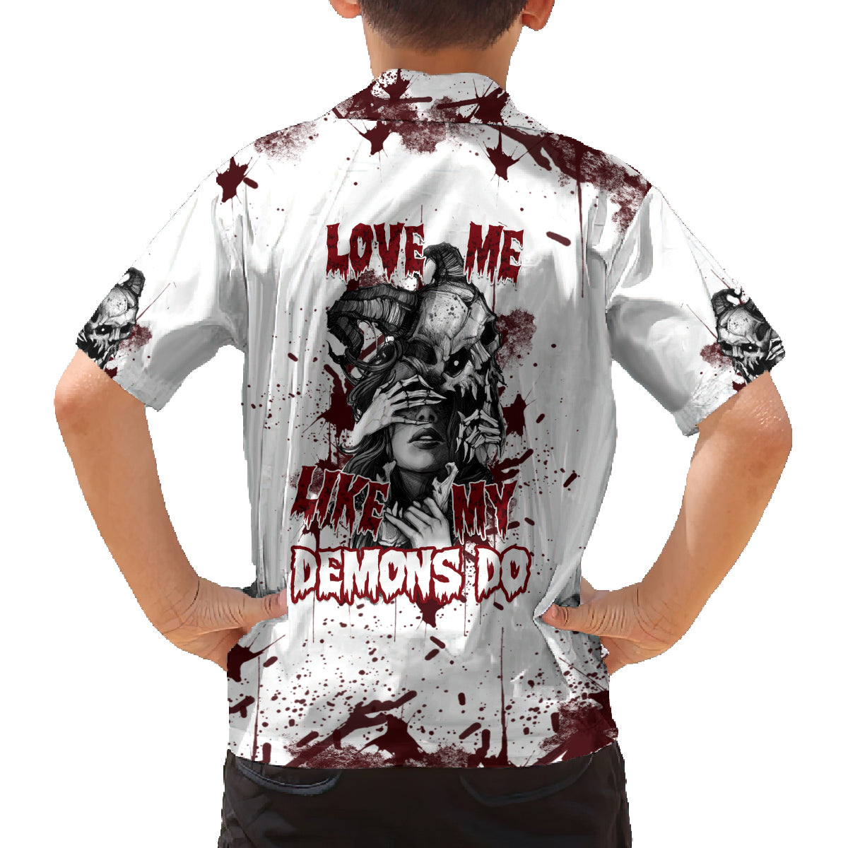 Love Me Like My Demons Do Skull Family Matching Off Shoulder Short Dress and Hawaiian Shirt - Wonder Print Shop