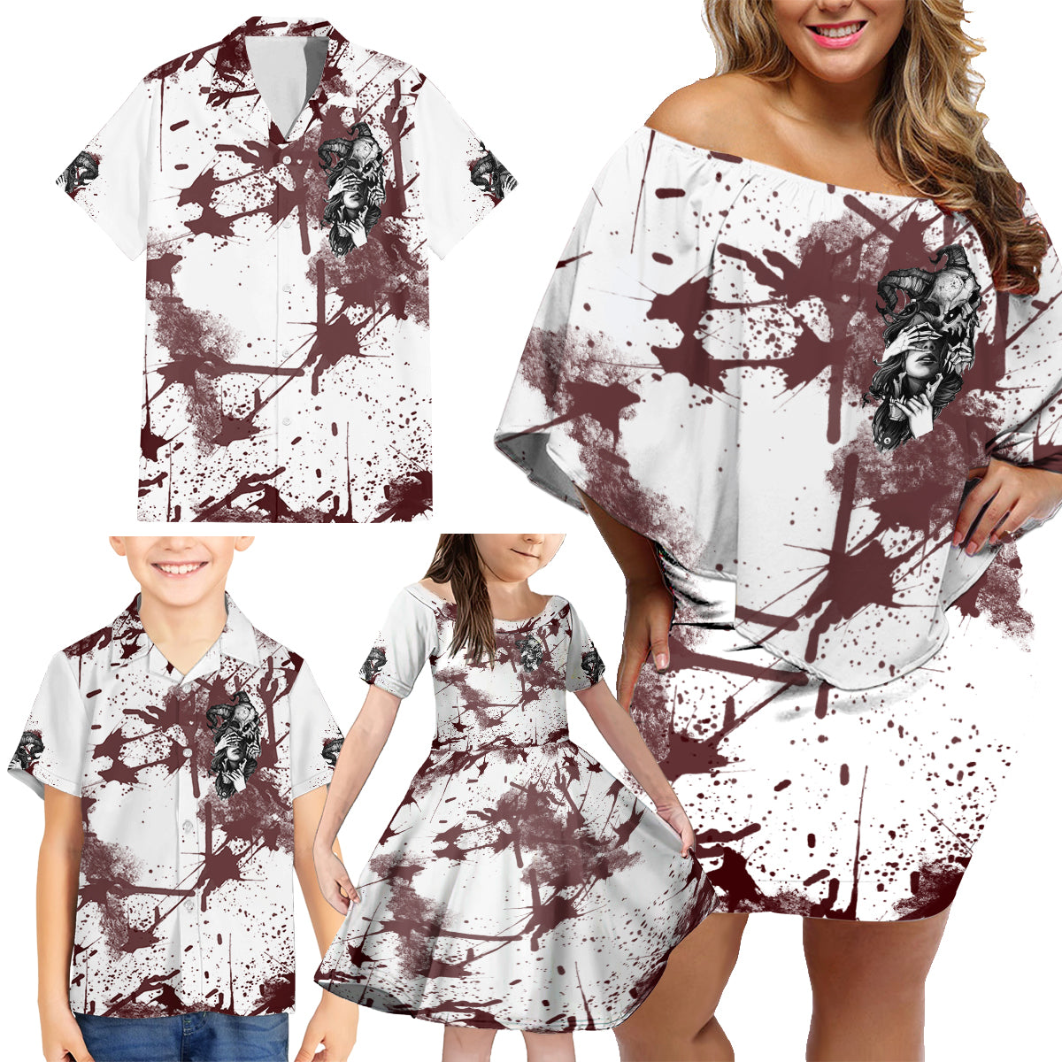 Love Me Like My Demons Do Skull Family Matching Off Shoulder Short Dress and Hawaiian Shirt - Wonder Print Shop
