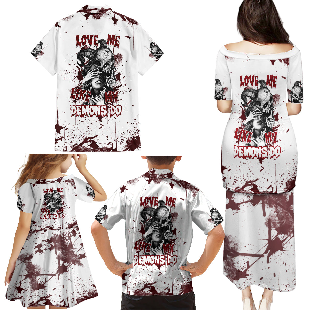 Love Me Like My Demons Do Skull Family Matching Puletasi Dress and Hawaiian Shirt - Wonder Print Shop