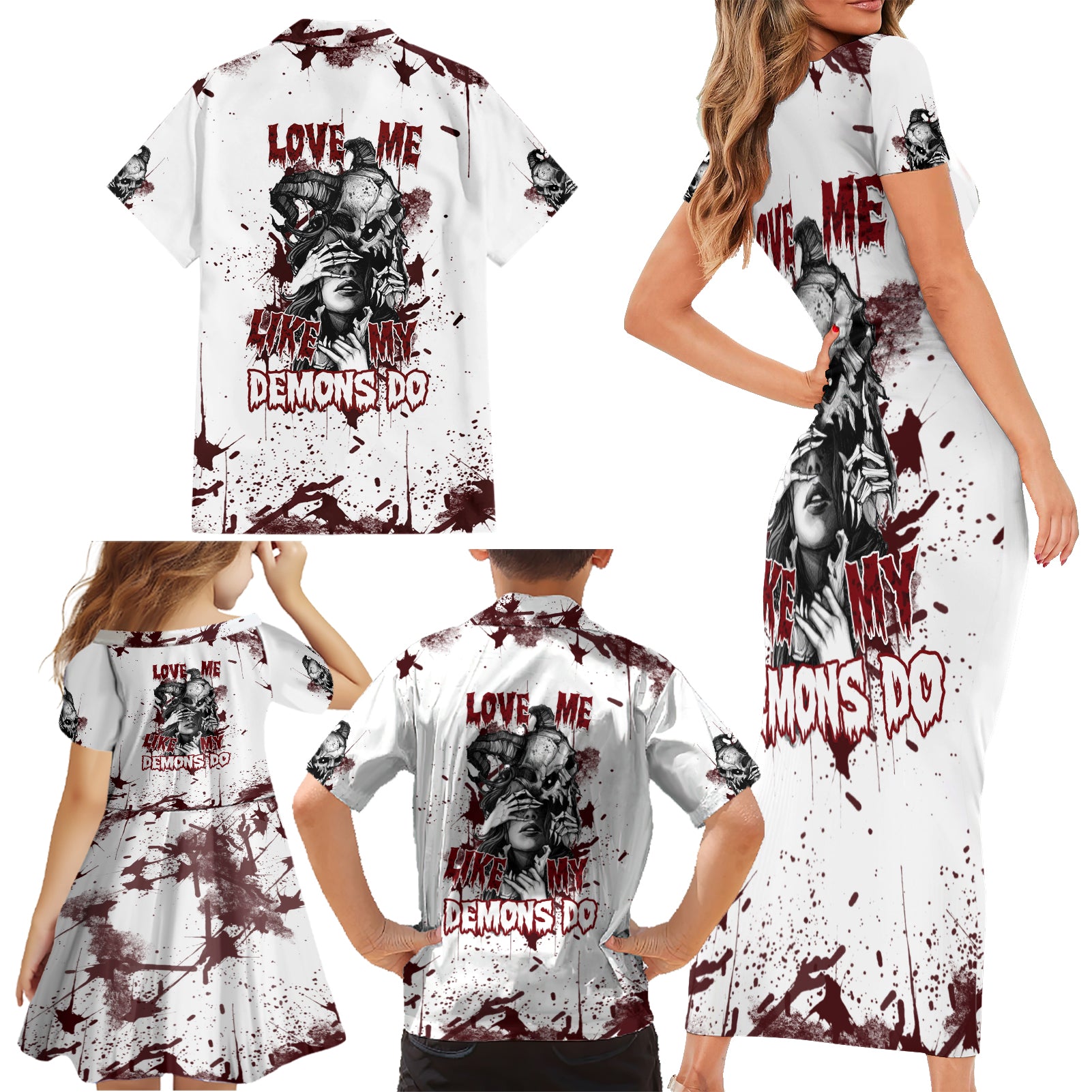 Love Me Like My Demons Do Skull Family Matching Short Sleeve Bodycon Dress and Hawaiian Shirt - Wonder Print Shop