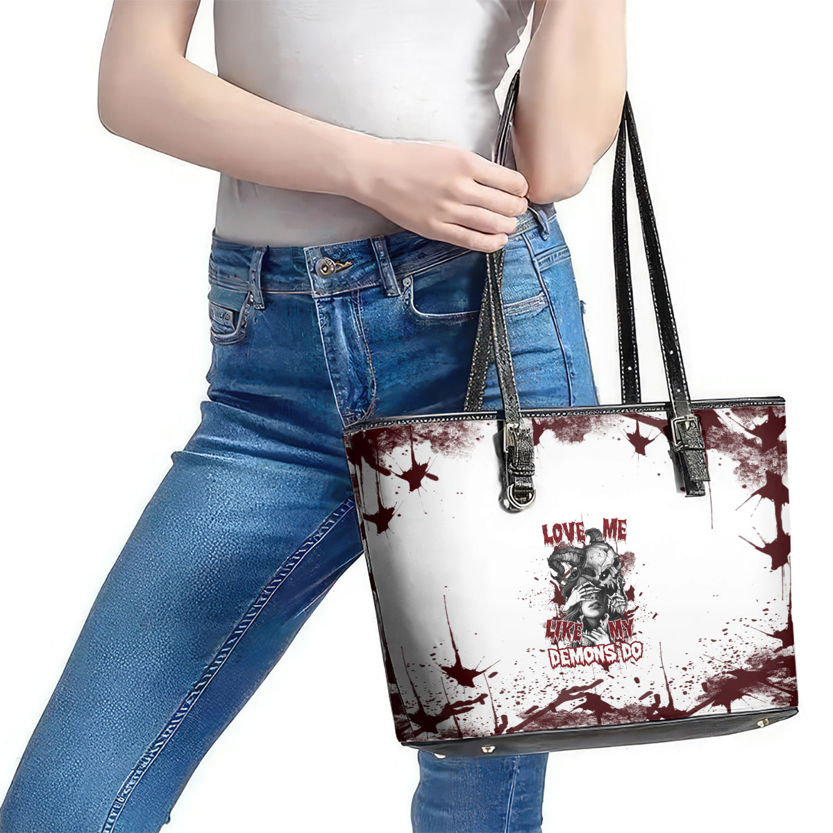 Love Me Like My Demons Do Skull Leather Tote Bag - Wonder Print Shop