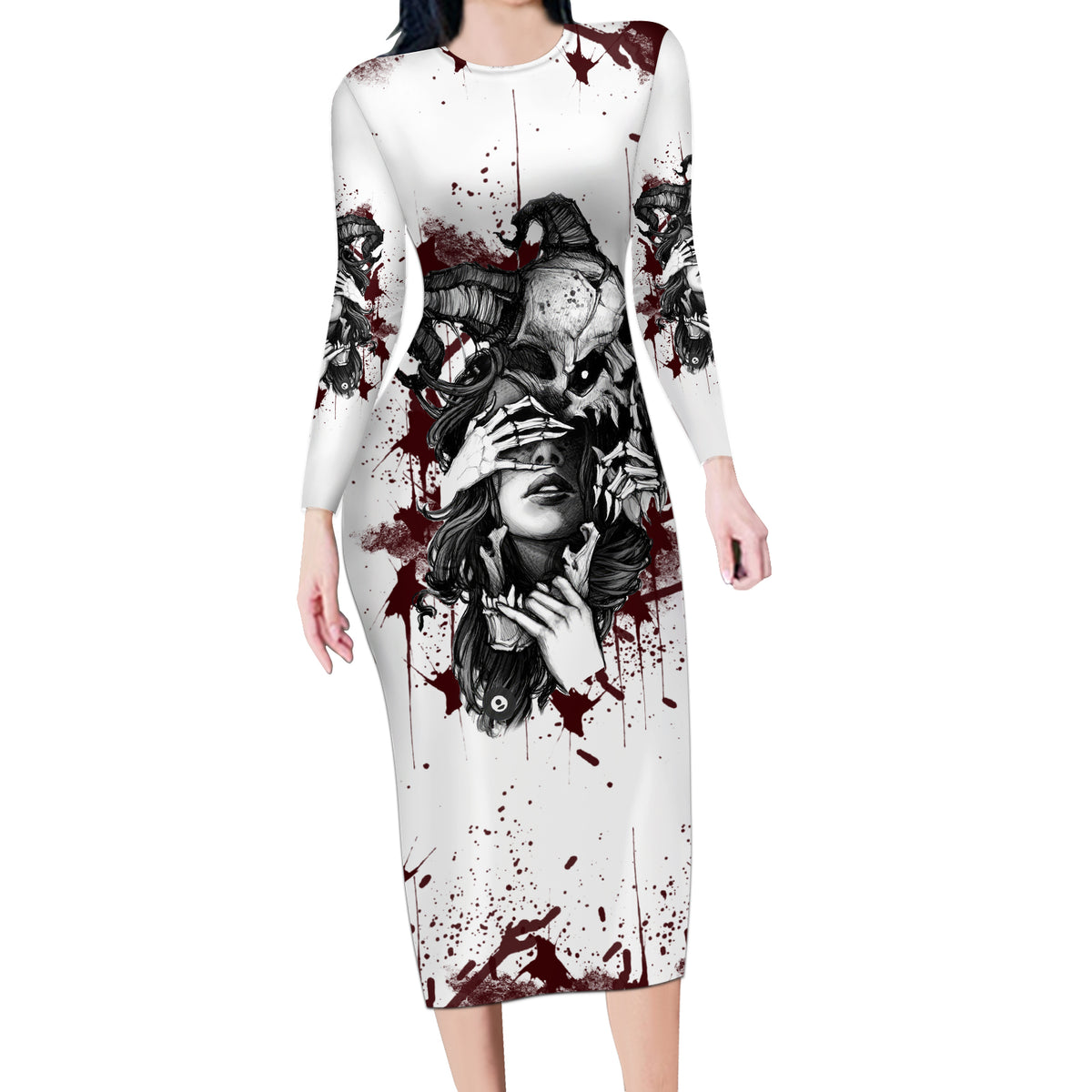 Love Me Like My Demons Do Skull Long Sleeve Bodycon Dress - Wonder Print Shop