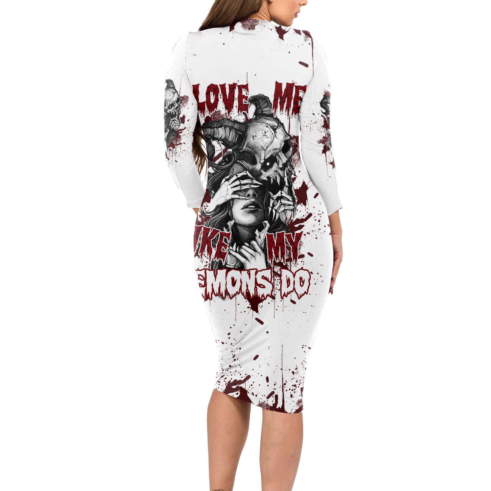 Love Me Like My Demons Do Skull Long Sleeve Bodycon Dress - Wonder Print Shop