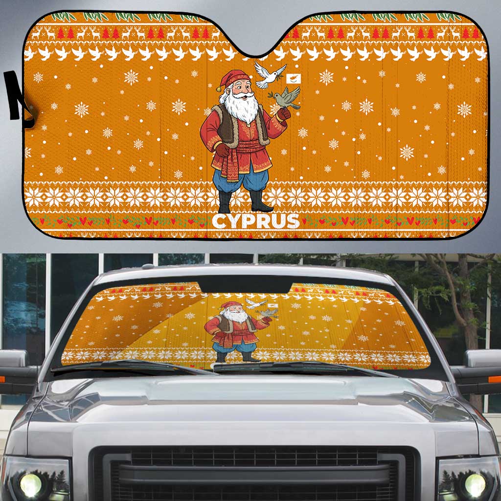 Cyprus Christmas Auto Sun Shade with Santa Holding Doves Olive Branch Snowflakes and Holiday - Wonder Print Shop