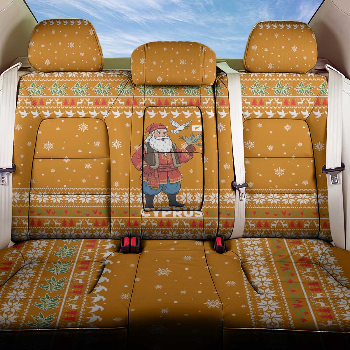 Cyprus Christmas Back Car Seat Cover with Santa Holding Doves Olive Branch Snowflakes and Holiday - Wonder Print Shop