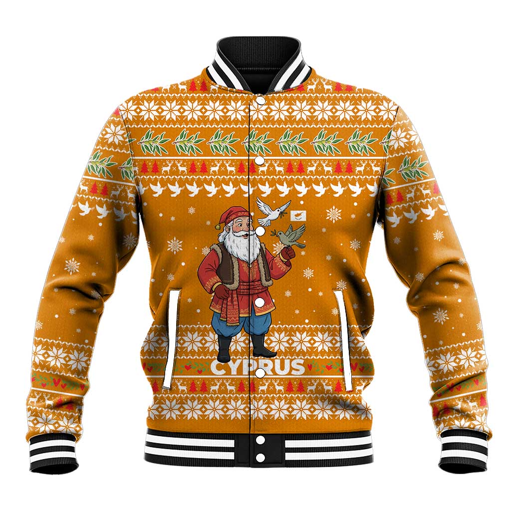 Cyprus Christmas Baseball Jacket with Santa Holding Doves Olive Branch Snowflakes and Holiday - Wonder Print Shop