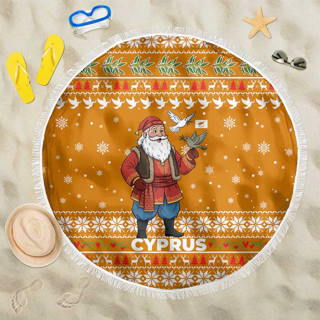 Cyprus Christmas Beach Blanket with Santa Holding Doves Olive Branch Snowflakes and Holiday - Wonder Print Shop