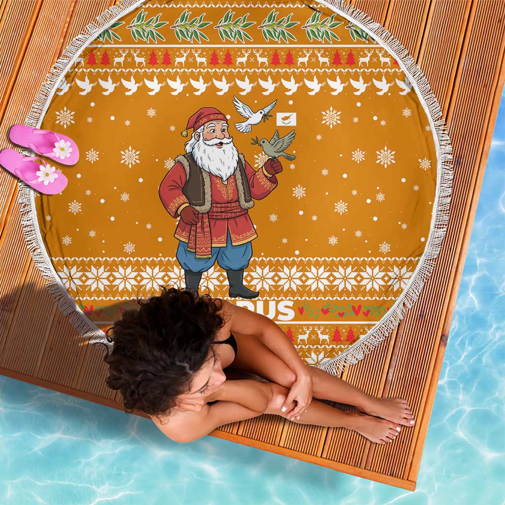 Cyprus Christmas Beach Blanket with Santa Holding Doves Olive Branch Snowflakes and Holiday - Wonder Print Shop