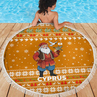 Cyprus Christmas Beach Blanket with Santa Holding Doves Olive Branch Snowflakes and Holiday - Wonder Print Shop