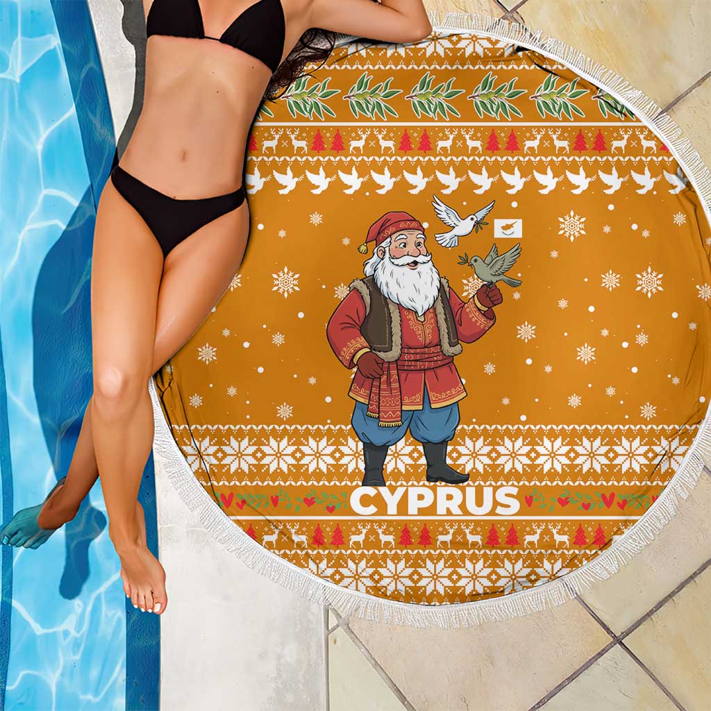 Cyprus Christmas Beach Blanket with Santa Holding Doves Olive Branch Snowflakes and Holiday - Wonder Print Shop
