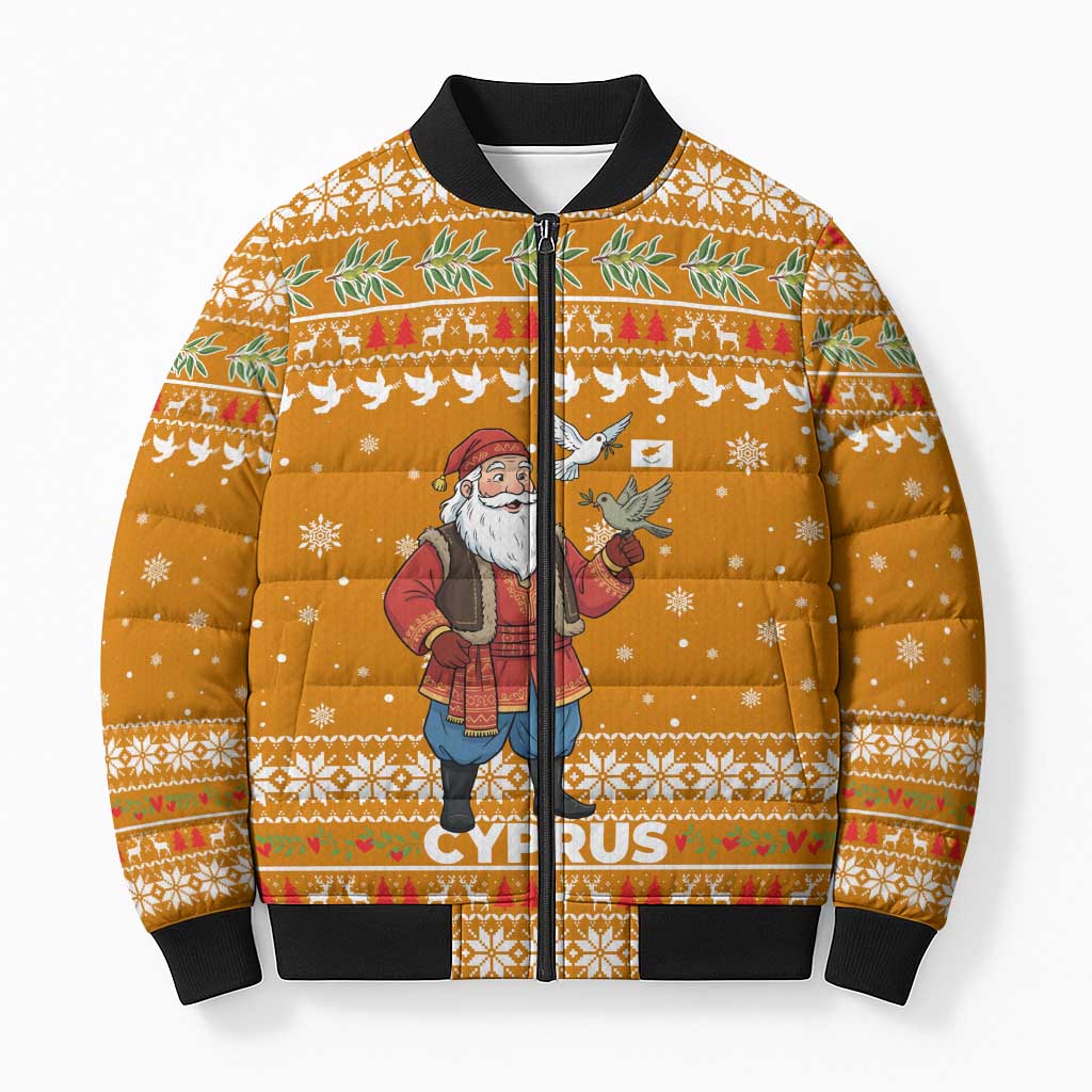 Cyprus Christmas Bomber Puffer Jacket with Santa Holding Doves Olive Branch Snowflakes and Holiday - Wonder Print Shop