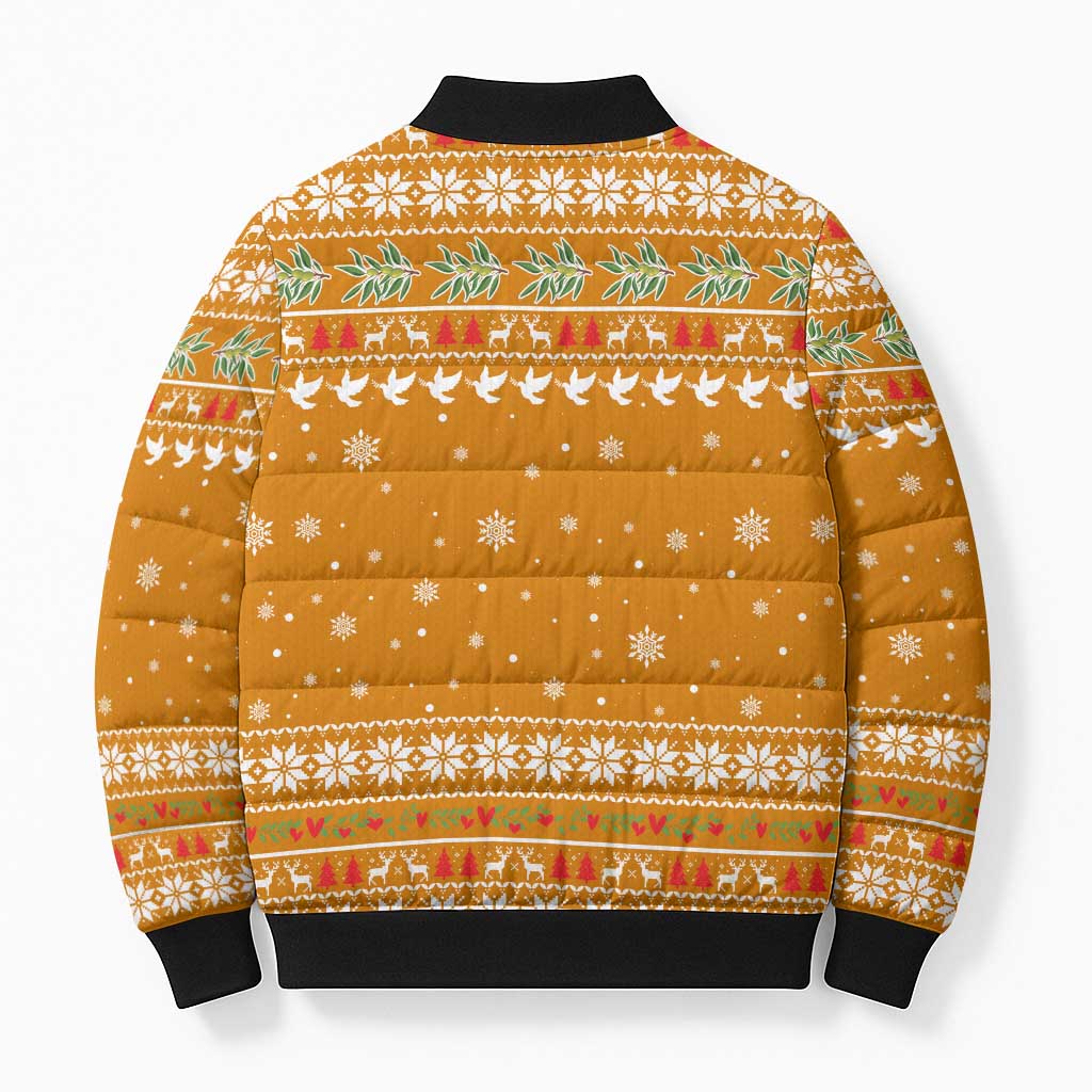 Cyprus Christmas Bomber Puffer Jacket with Santa Holding Doves Olive Branch Snowflakes and Holiday - Wonder Print Shop