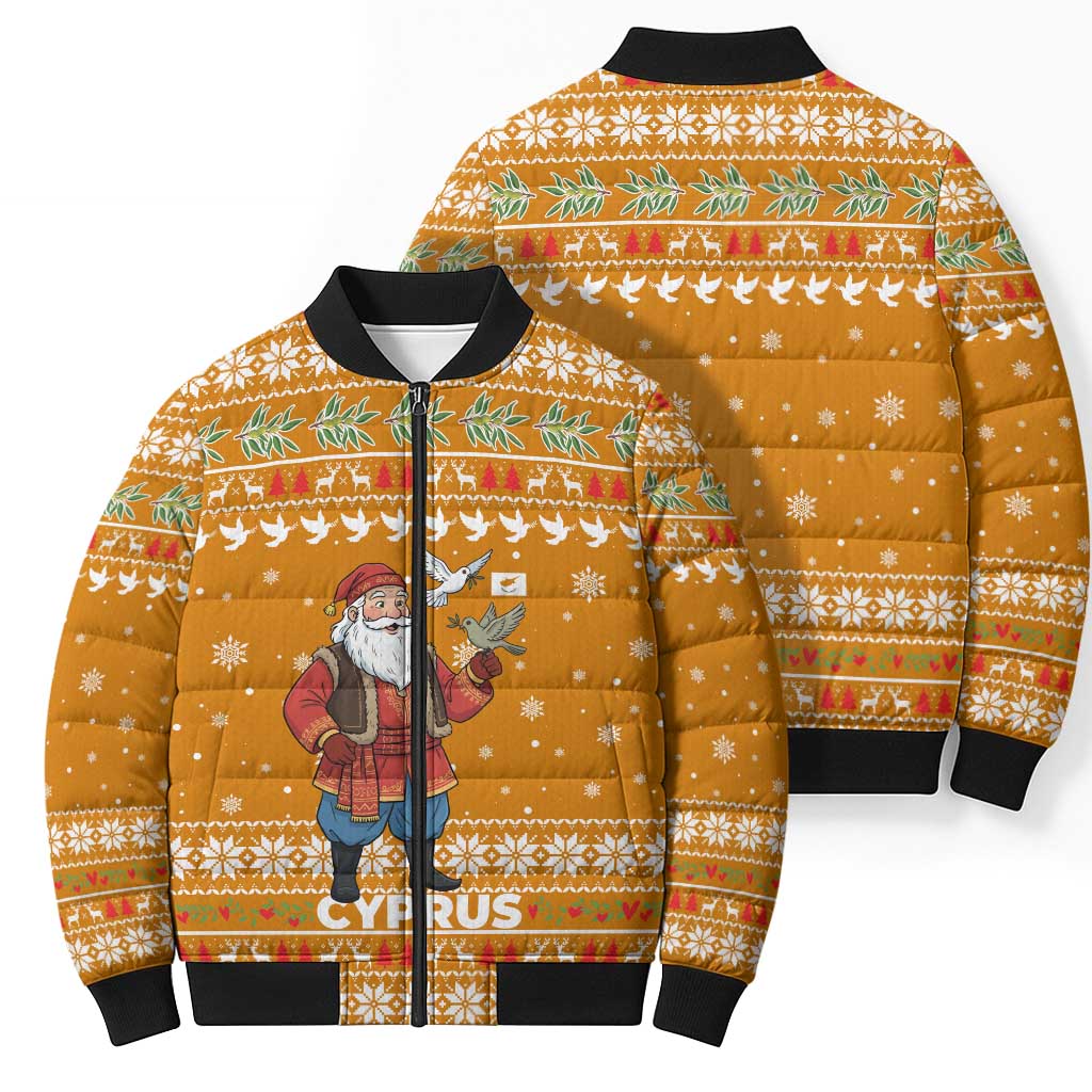 Cyprus Christmas Bomber Puffer Jacket with Santa Holding Doves Olive Branch Snowflakes and Holiday - Wonder Print Shop