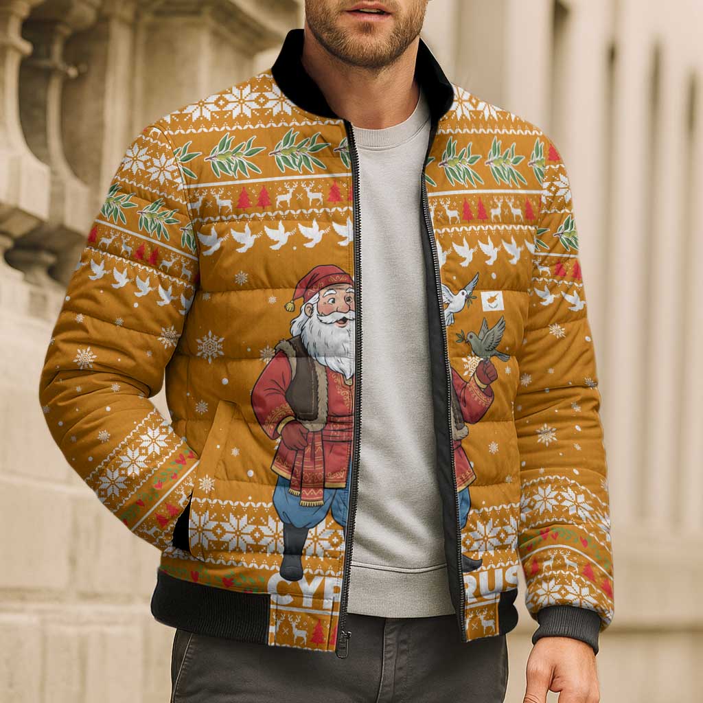 Cyprus Christmas Bomber Puffer Jacket with Santa Holding Doves Olive Branch Snowflakes and Holiday - Wonder Print Shop
