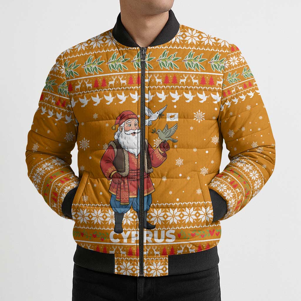 Cyprus Christmas Bomber Puffer Jacket with Santa Holding Doves Olive Branch Snowflakes and Holiday - Wonder Print Shop
