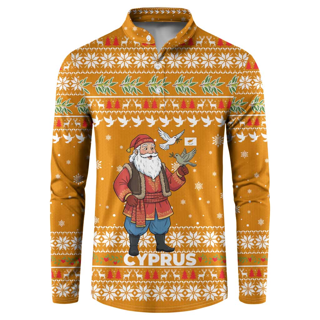Cyprus Christmas Button Sweatshirt with Santa Holding Doves Olive Branch Snowflakes and Holiday - Wonder Print Shop