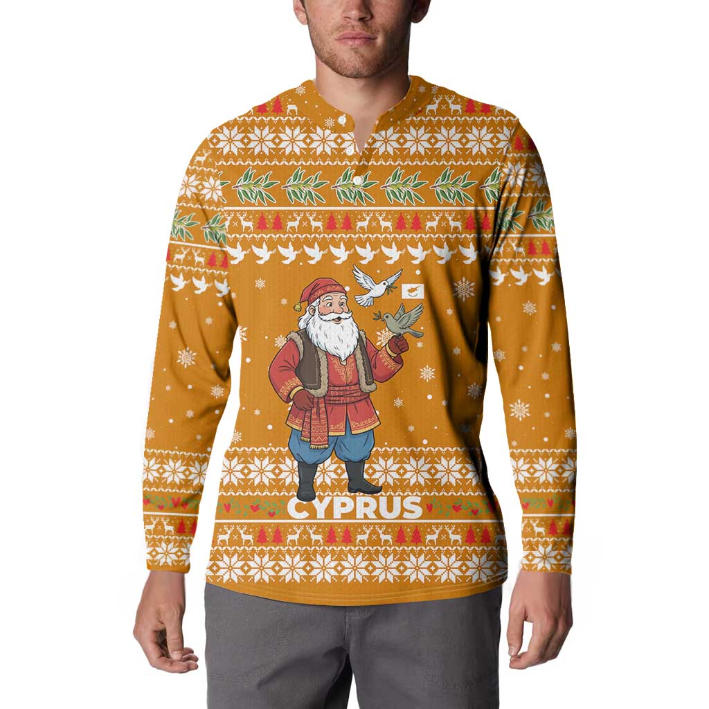 Cyprus Christmas Button Sweatshirt with Santa Holding Doves Olive Branch Snowflakes and Holiday - Wonder Print Shop