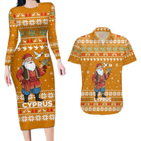 Cyprus Christmas Couples Matching Long Sleeve Bodycon Dress and Hawaiian Shirt with Santa Holding Doves Olive Branch Snowflakes and Holiday - Wonder Print Shop