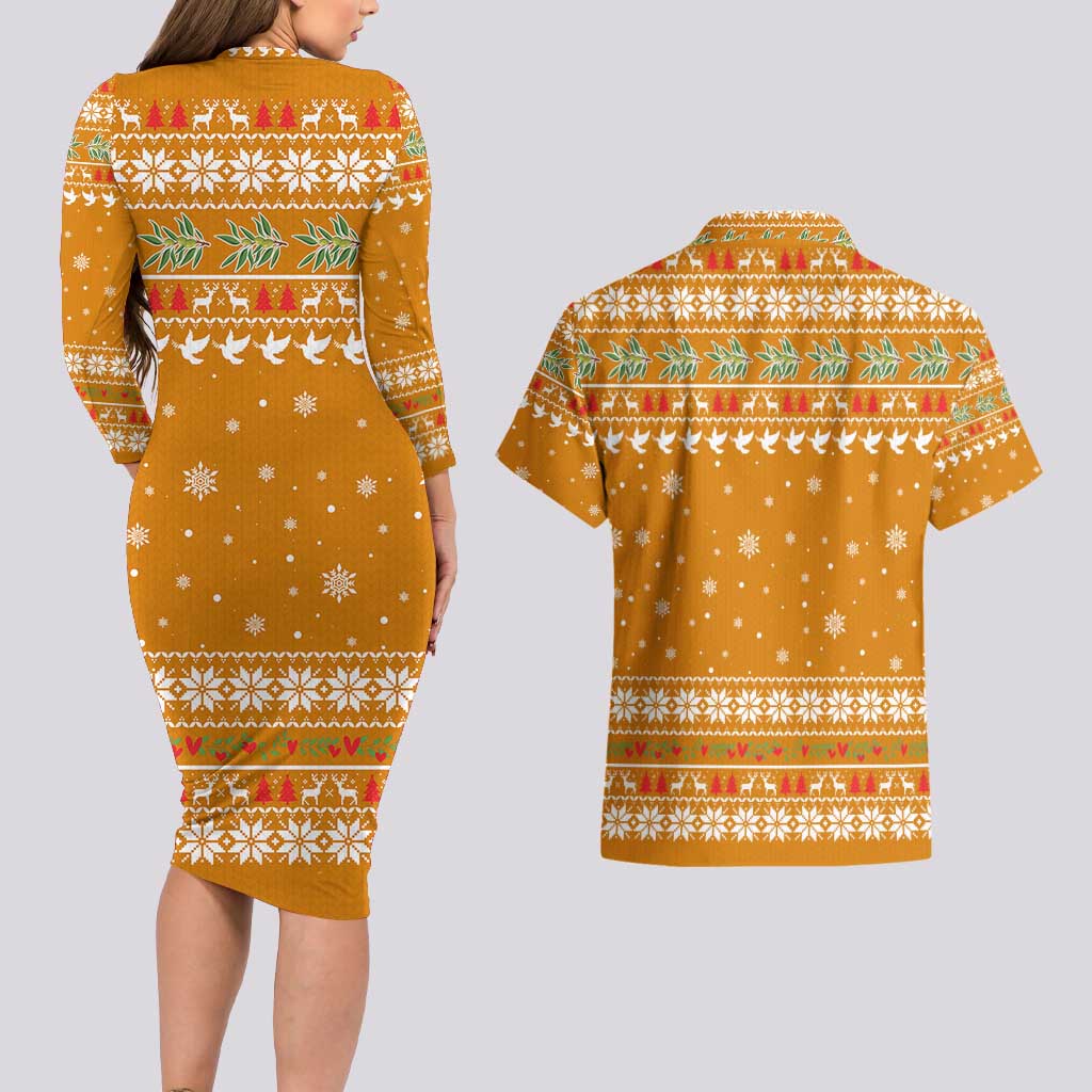Cyprus Christmas Couples Matching Long Sleeve Bodycon Dress and Hawaiian Shirt with Santa Holding Doves Olive Branch Snowflakes and Holiday - Wonder Print Shop