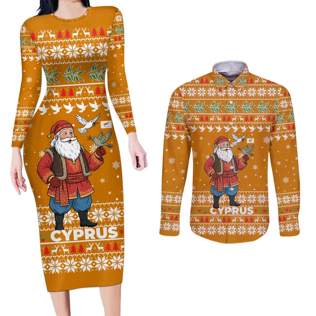 Cyprus Christmas Couples Matching Long Sleeve Bodycon Dress and Long Sleeve Button Shirt with Santa Holding Doves Olive Branch Snowflakes and Holiday - Wonder Print Shop