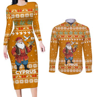 Cyprus Christmas Couples Matching Long Sleeve Bodycon Dress and Long Sleeve Button Shirt with Santa Holding Doves Olive Branch Snowflakes and Holiday - Wonder Print Shop