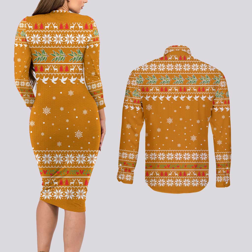 Cyprus Christmas Couples Matching Long Sleeve Bodycon Dress and Long Sleeve Button Shirt with Santa Holding Doves Olive Branch Snowflakes and Holiday - Wonder Print Shop