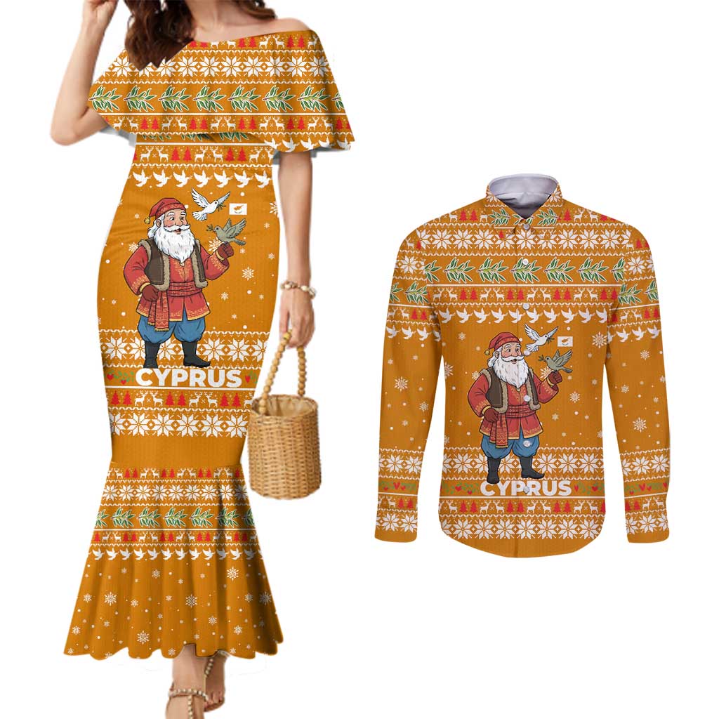 Cyprus Christmas Couples Matching Mermaid Dress and Long Sleeve Button Shirt with Santa Holding Doves Olive Branch Snowflakes and Holiday - Wonder Print Shop