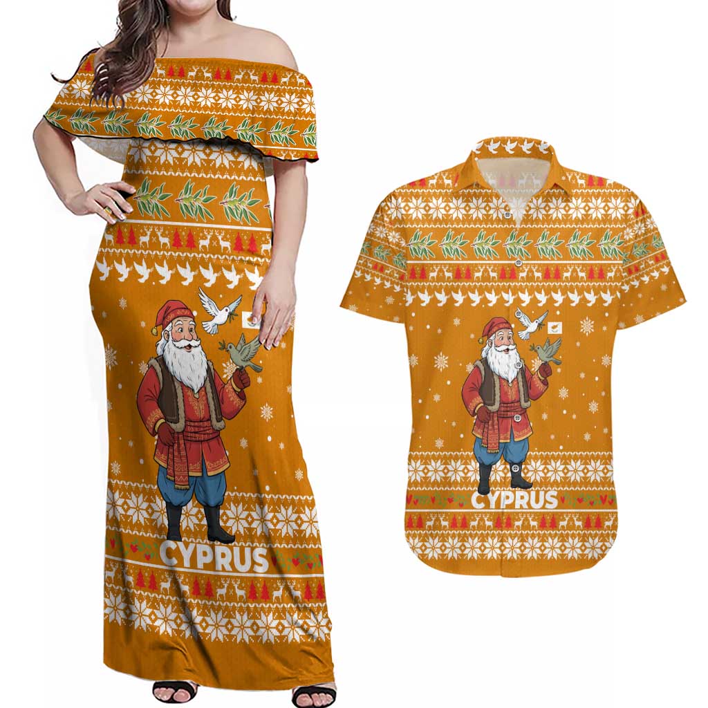 Cyprus Christmas Couples Matching Off Shoulder Maxi Dress and Hawaiian Shirt with Santa Holding Doves Olive Branch Snowflakes and Holiday - Wonder Print Shop